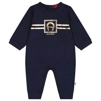 Baby Boys Navy Blue & Gold Logo Romper