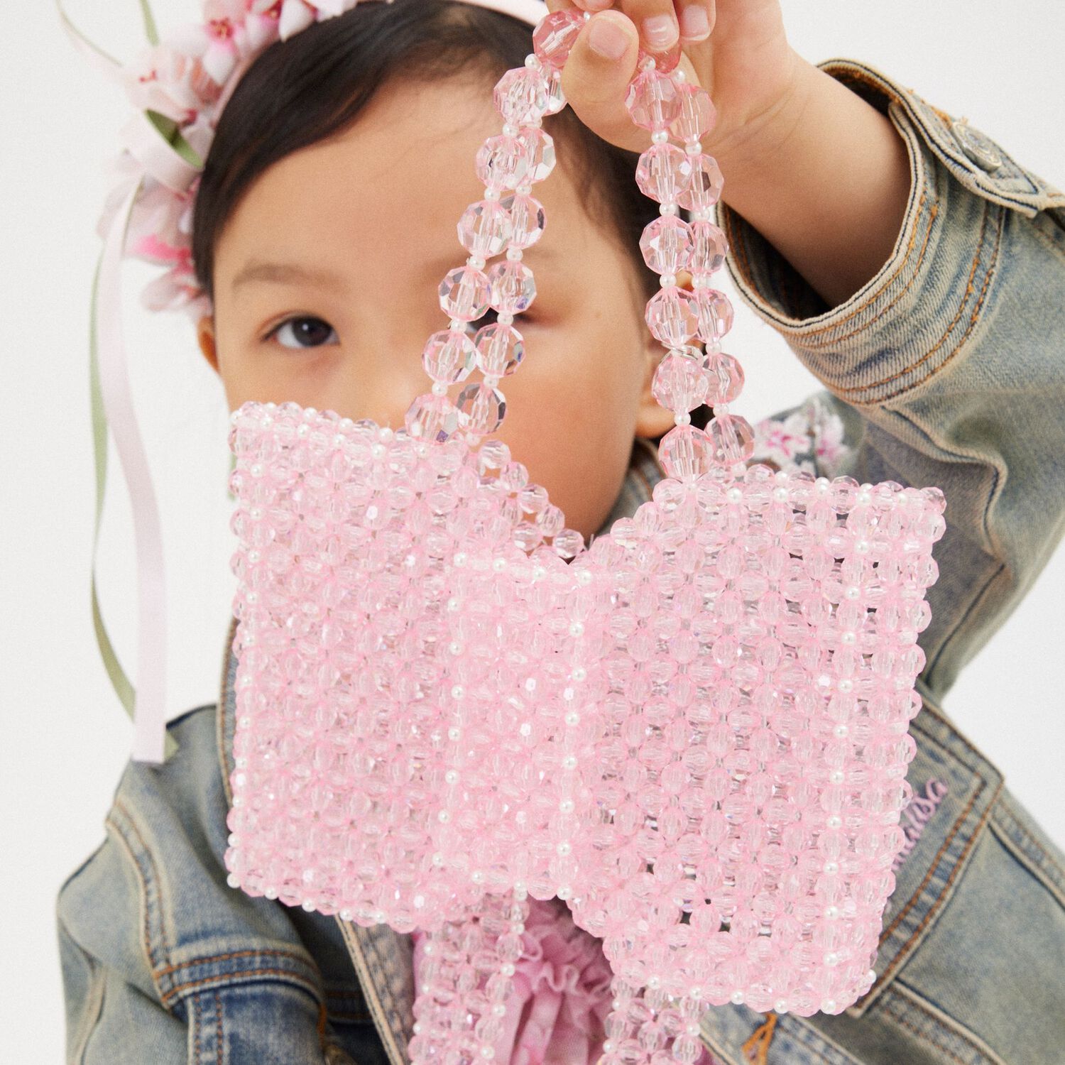 Girls Pink Crystal Beads Hand Bag, 1, hi-res