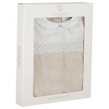 Baby Boys White & Beige Dot Babygrow