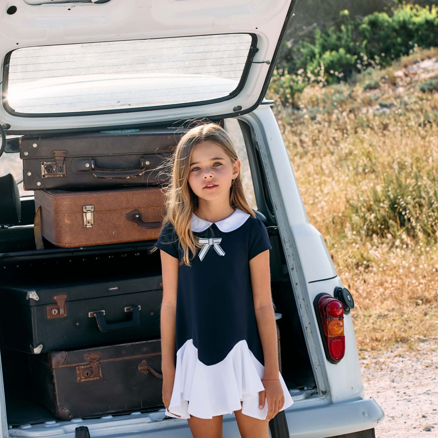 Girls Navy Blue & White Dress, 1, hi-res image number null