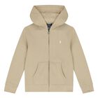 Boys Beige Logo Hooded Zip Up Top, 1, hi-res