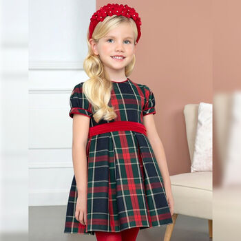 Girls Navy Blue & Red Tartan Dress