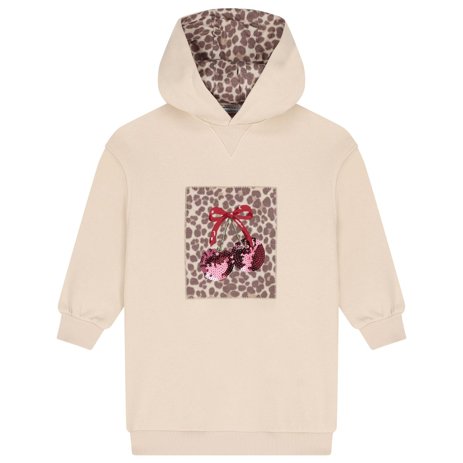 Girls Beige Embellished Cherry Hooded Sweatshirt Dress, 1, hi-res