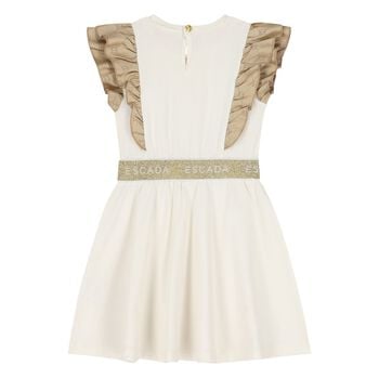 Younger Girls Ivory & Gold Logo Ruffled Dress