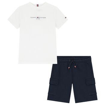 Boys White & Navy Blue Shorts Set