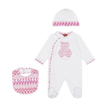 طقم هدايا ملابس اطفال بنقشة دببة متعرجة باللونين الابيض و الوردي للبنات 