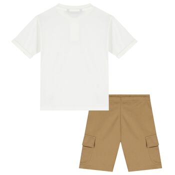 Boys White & Beige Shorts Set