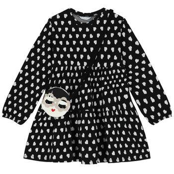 Girls Black Heart Dress & Bag Set