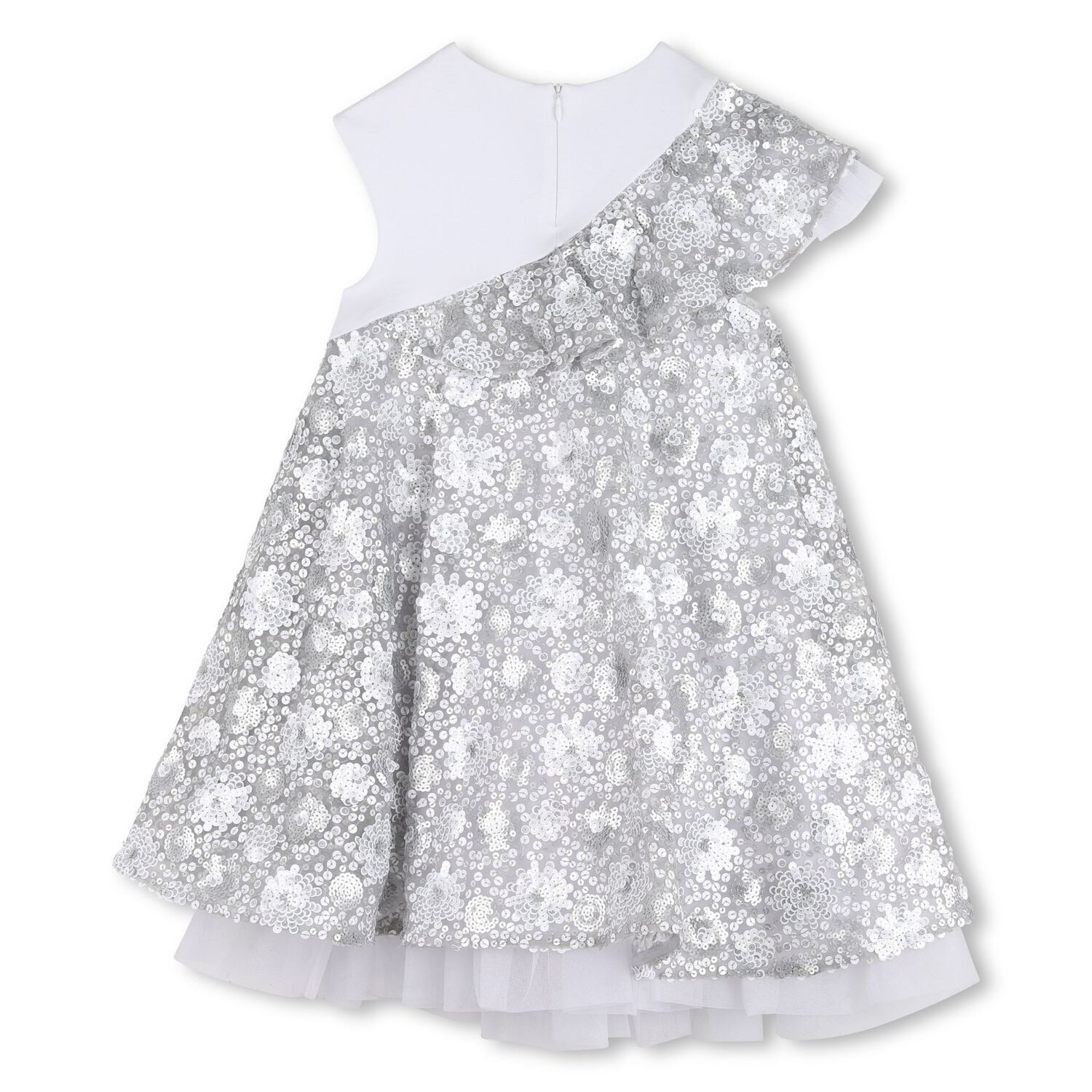 Girls White & Silver Logo Sequinned Organza Dress , 1, hi-res