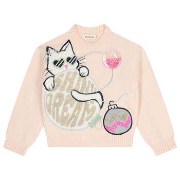 Girls Pink Cat Knitted Sweatshirt
