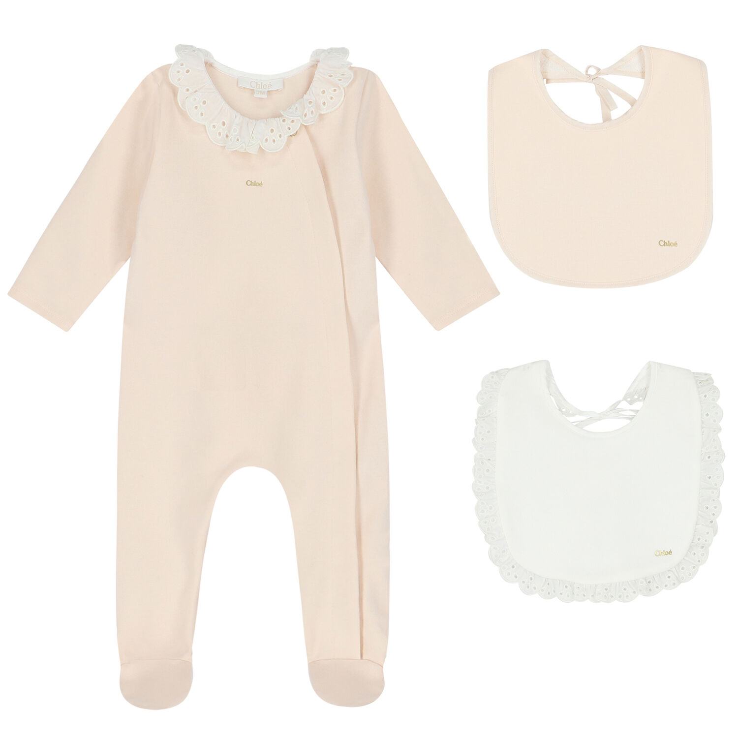 CHLOE Baby Girls Pink & Ivory Logo Babygrow & Bib Set | Junior 
