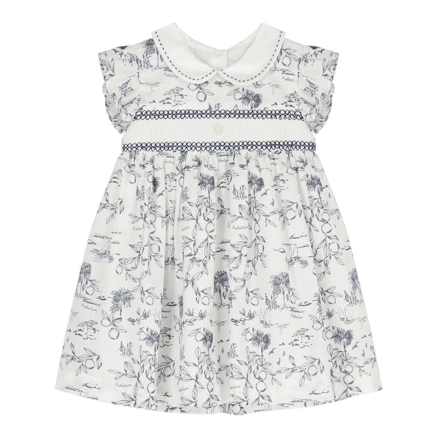 Baby Girls White & Navy Blue Smocked Dress, 1, hi-res