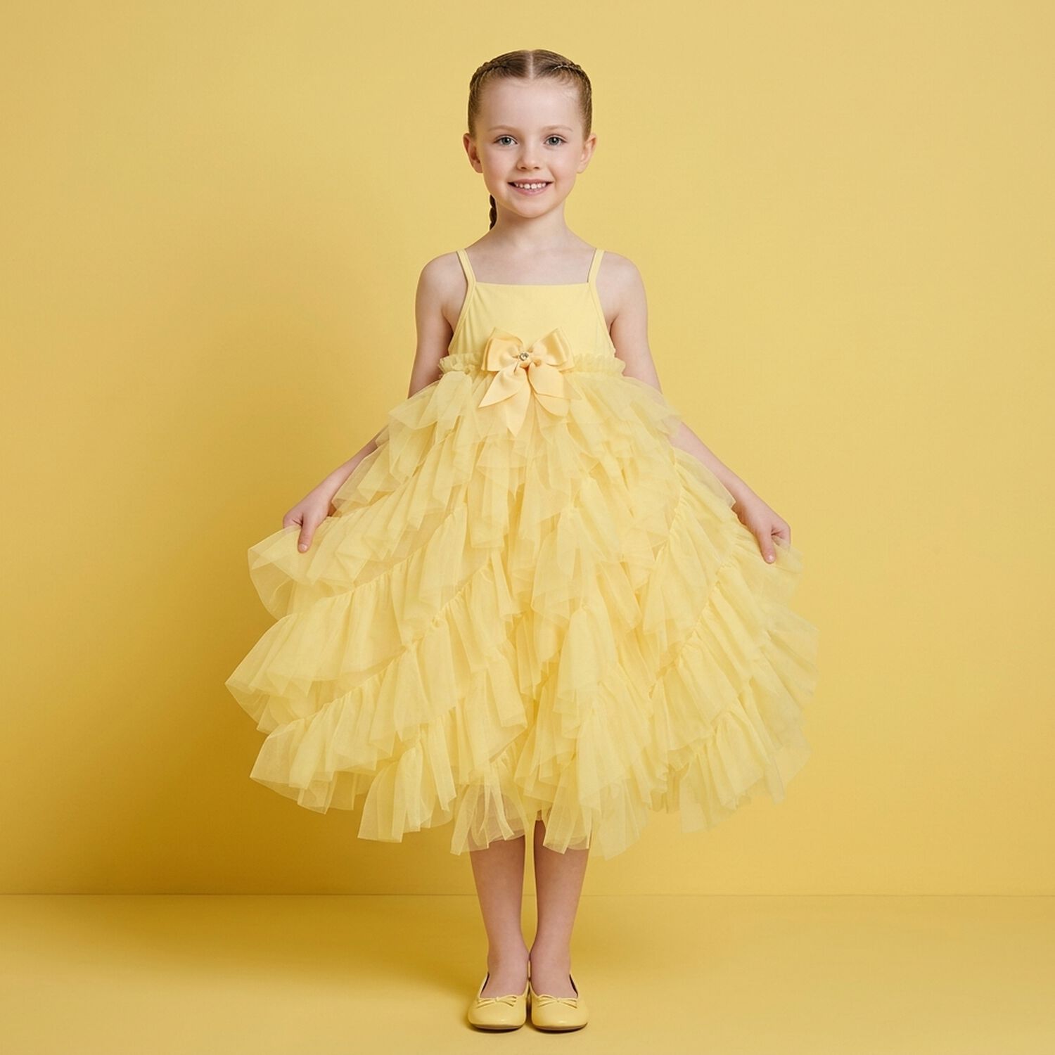 Girls Yellow Tulle Ruffles Dress, 3, hi-res