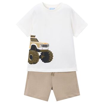 Boys White & Beige Shorts Set
