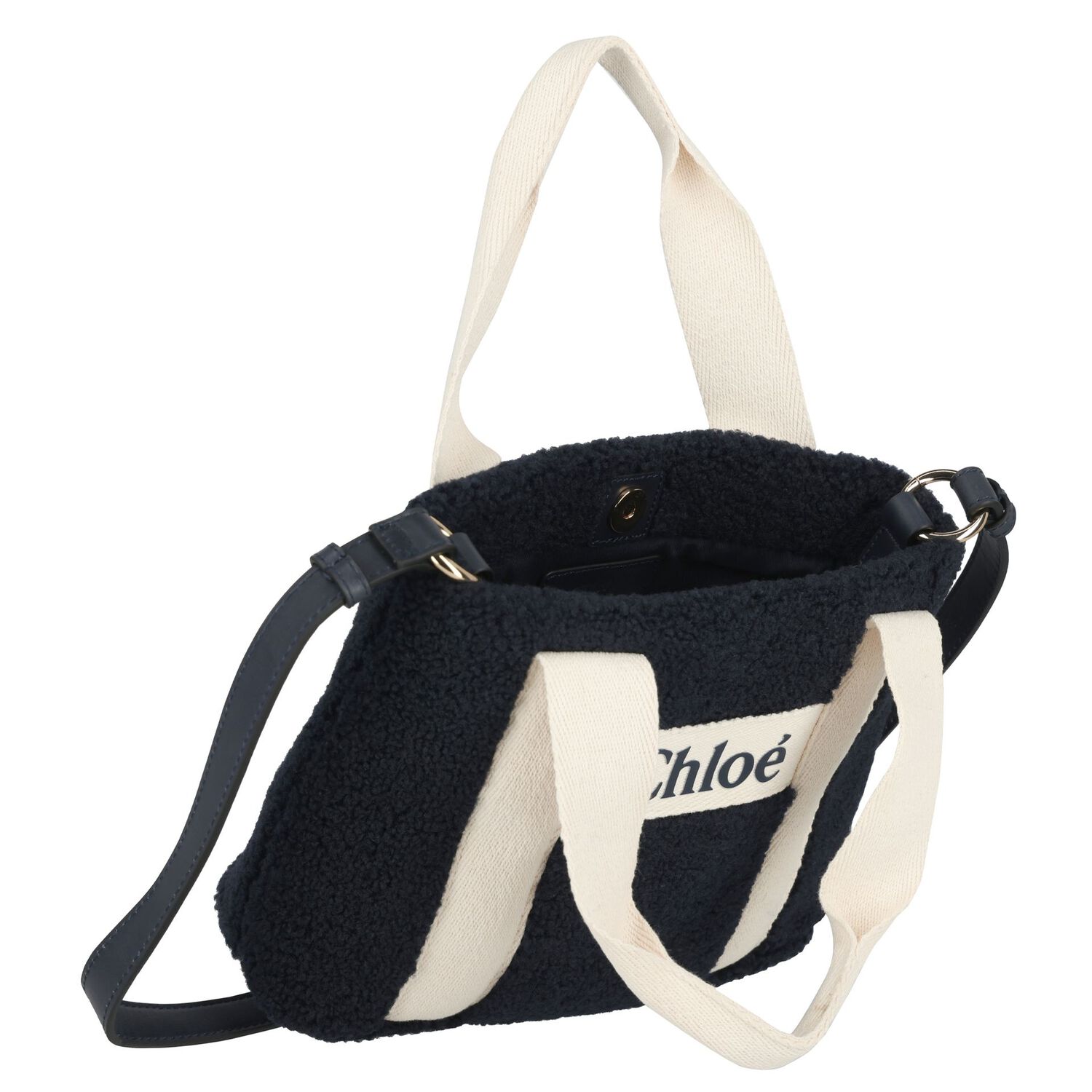 Girls Navy Blue Faux Shearling Logo Handbag, 1, hi-res