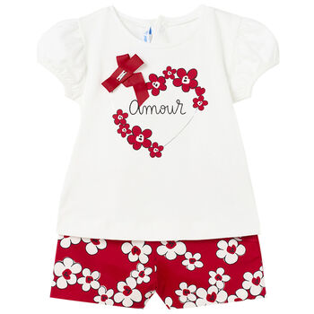 Younger Girls White & Red Floral Shorts Set