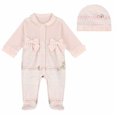 Baby Girls Pink Bow Babygrow & Hat Set