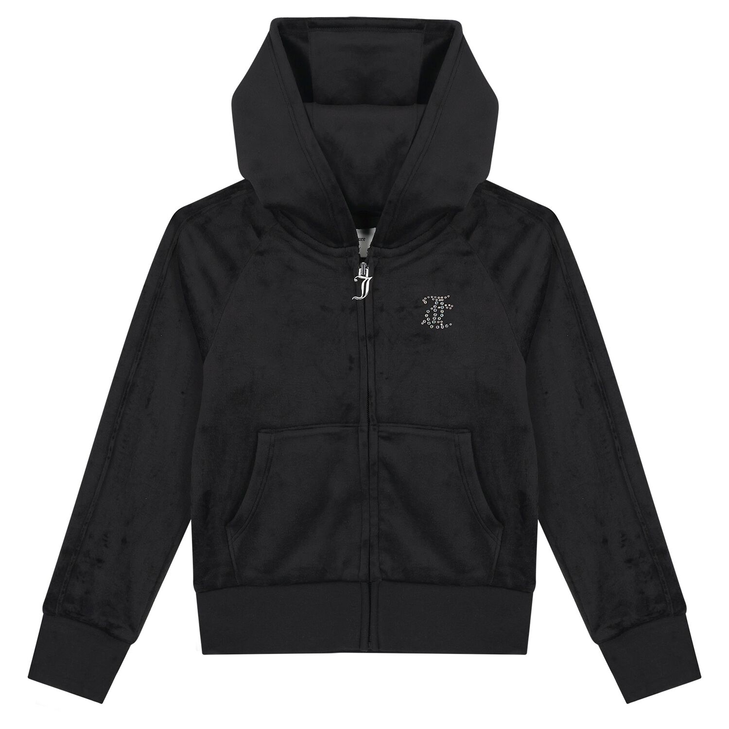 Girls Black Crystal Embellished Diamant&eacute; Logo Velour Hooded Zip Up Top, 1, hi-res
