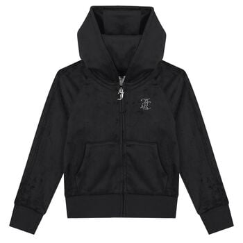 Girls Black Crystal Embellished Diamant&eacute; Logo Velour Hooded Zip Up Top