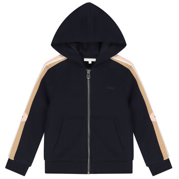 Girls Navy Blue Logo Hooded Zip Up Top