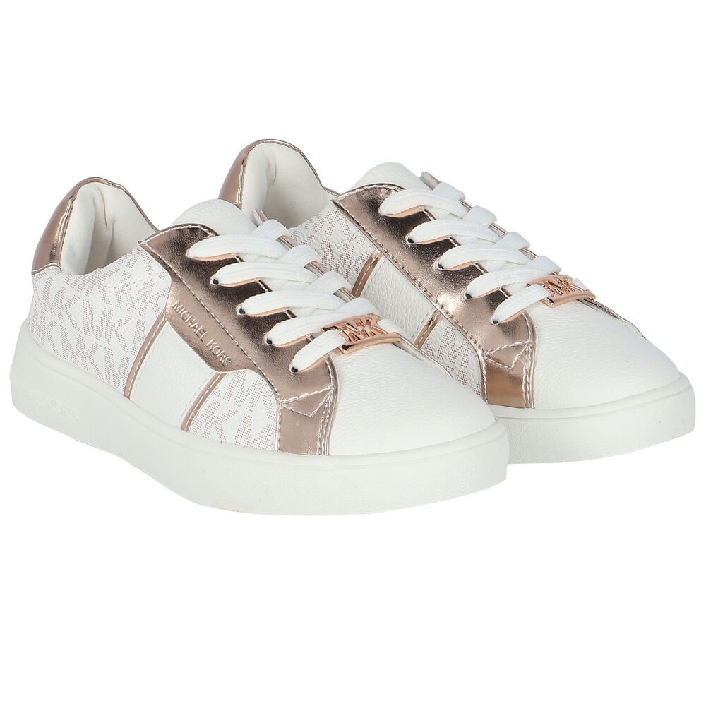 MICHAEL KORS Girls White & Rose Gold Logo Trainers | Junior