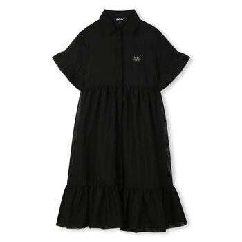 Girls Black Logo Tiered Mesh Dress