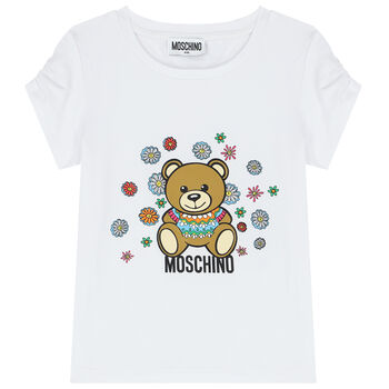 Girls White Teddy Bear Logo T-Shirt