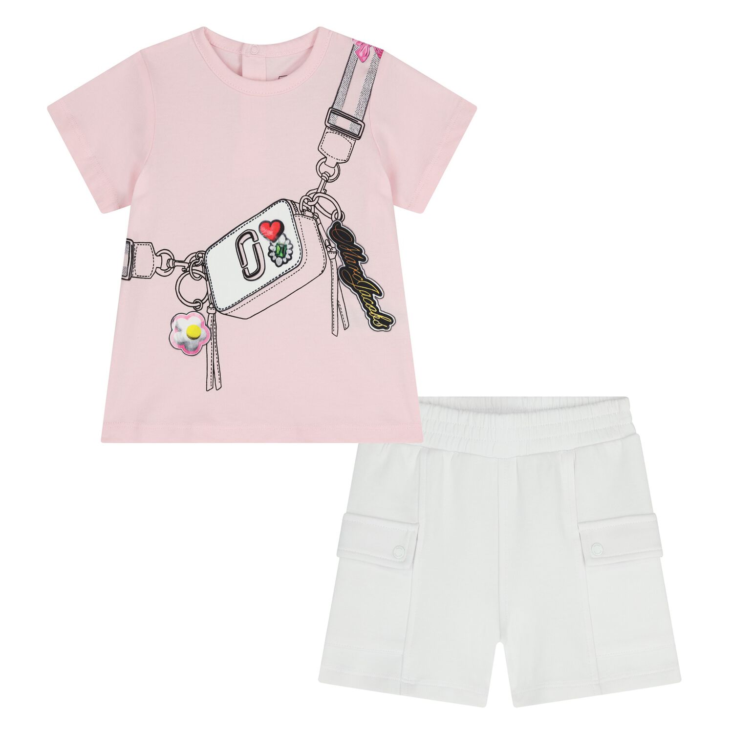 Younger Girls Pink & White Bag Shorts Set, 1, hi-res