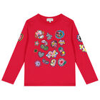 توب بنات بأكمام بالشعار باللون الزهرى, 1, hi-res