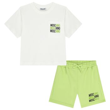 Boys White & Green Logo Shorts Set