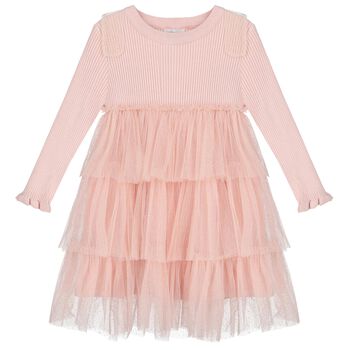 Girls Pink Tulle Knitted Dress