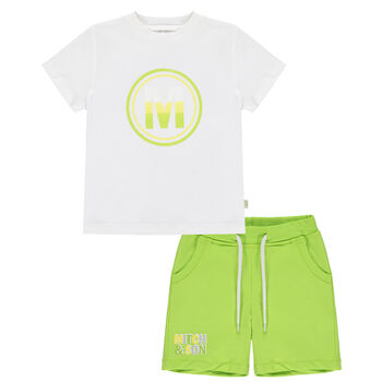 Boys White & Green Logo Shorts Set