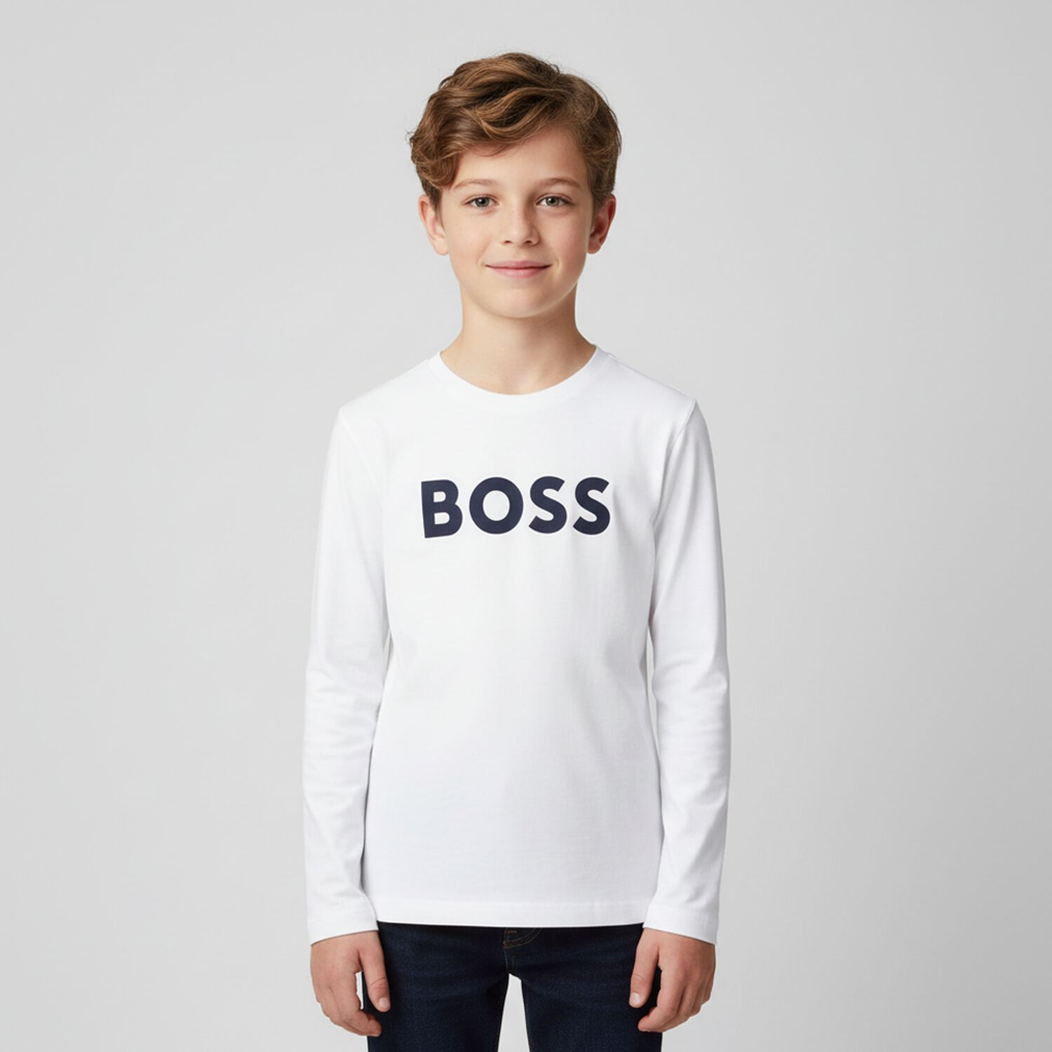 Boys White Logo Long Sleeve Top, 2, hi-res image number null