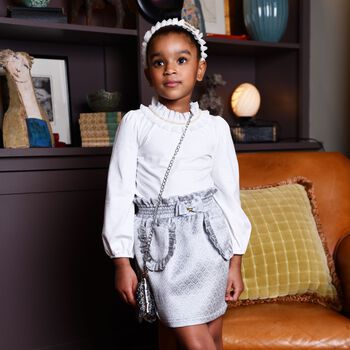 Girls White Pearl & Tulle Collar Top