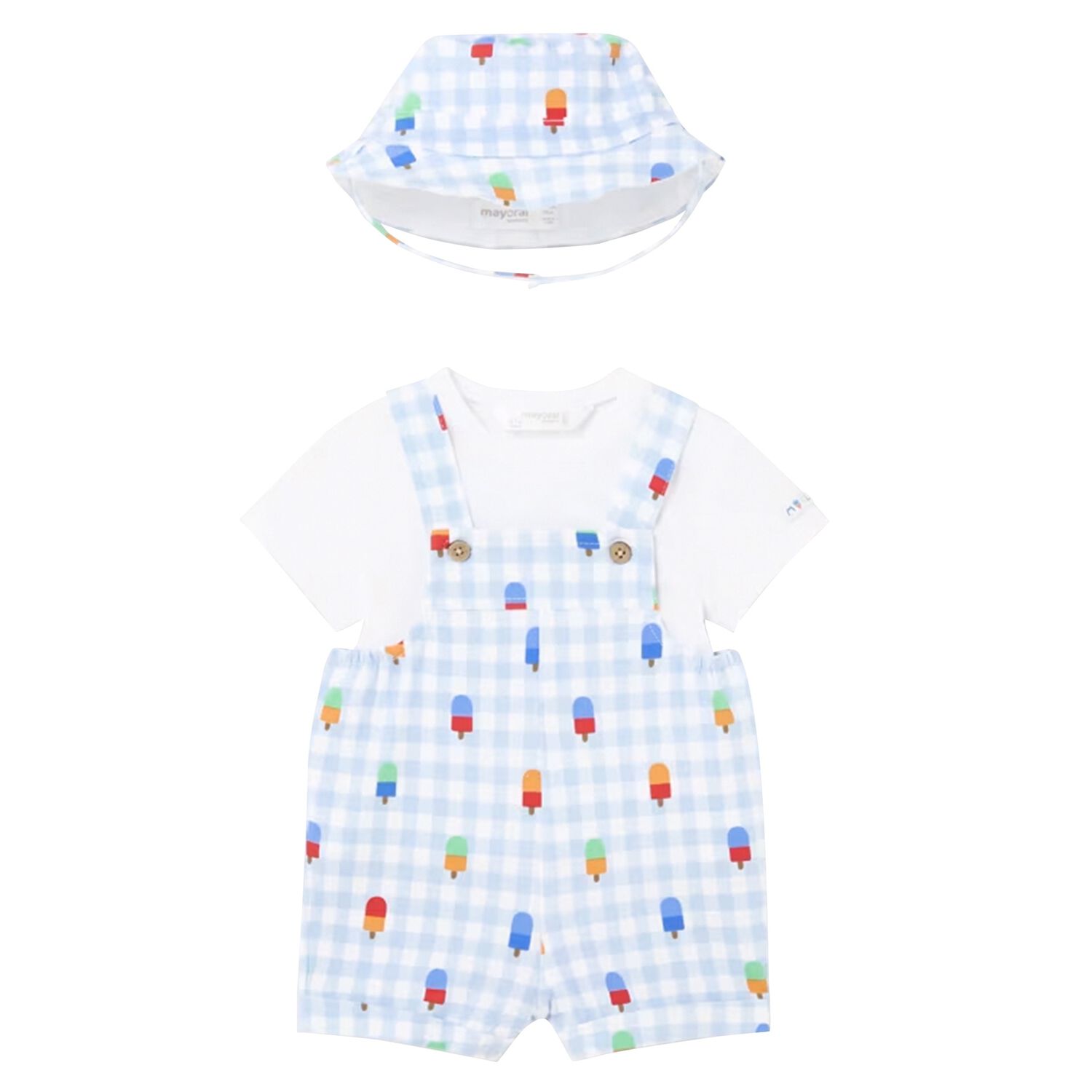 Baby Boys White & Blue Gingham Dungaree Set, 1, hi-res image number null