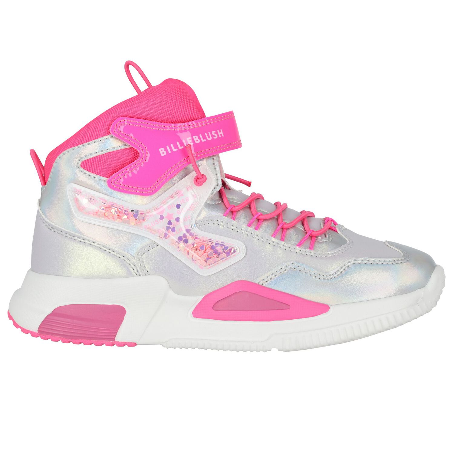 Girls Silver & Pink Faux Leather Trainers, 1, hi-res