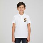Boys White Teddy Bear Polo Shirt, 2, hi-res