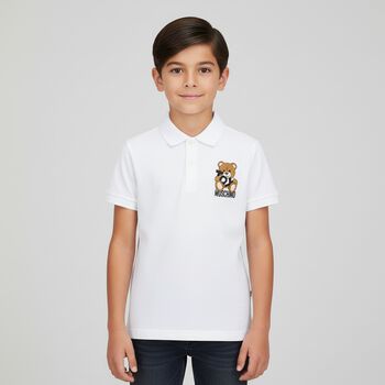 Boys White Teddy Bear Polo Shirt, 2 Boys White Teddy Bear Polo Shirt