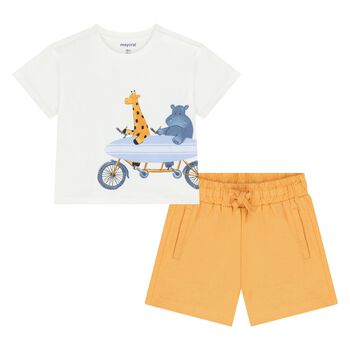 Younger Boys White & Orange Shorts Set