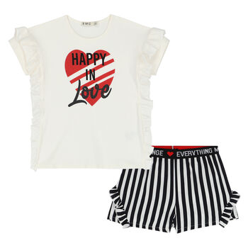 Girls Ivory & Black Heart Shorts Set