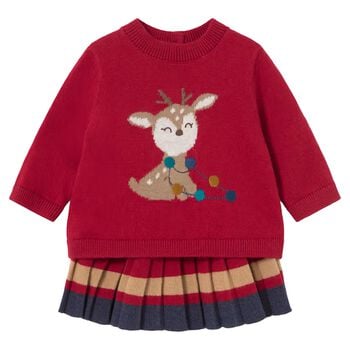 Baby Girls Red, Beige & Navy Blue Reindeer Skirt Set