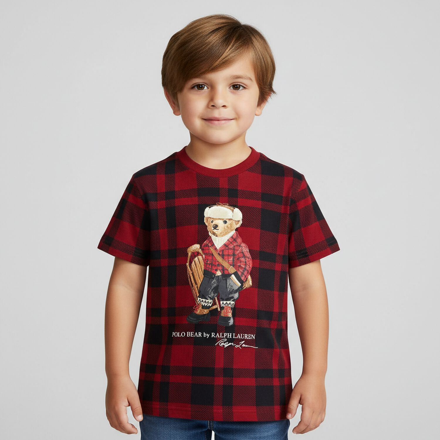 Boys Red & Black Check Polo Bear T-Shirt , 1, hi-res