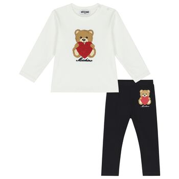 Younger Girls Ivory & Black Teddy Bear & Heart Leggings Set