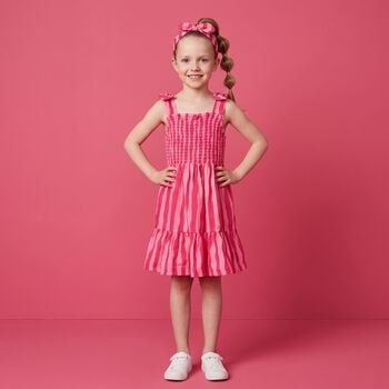 Girls Pink Striped Smocked Dress Set