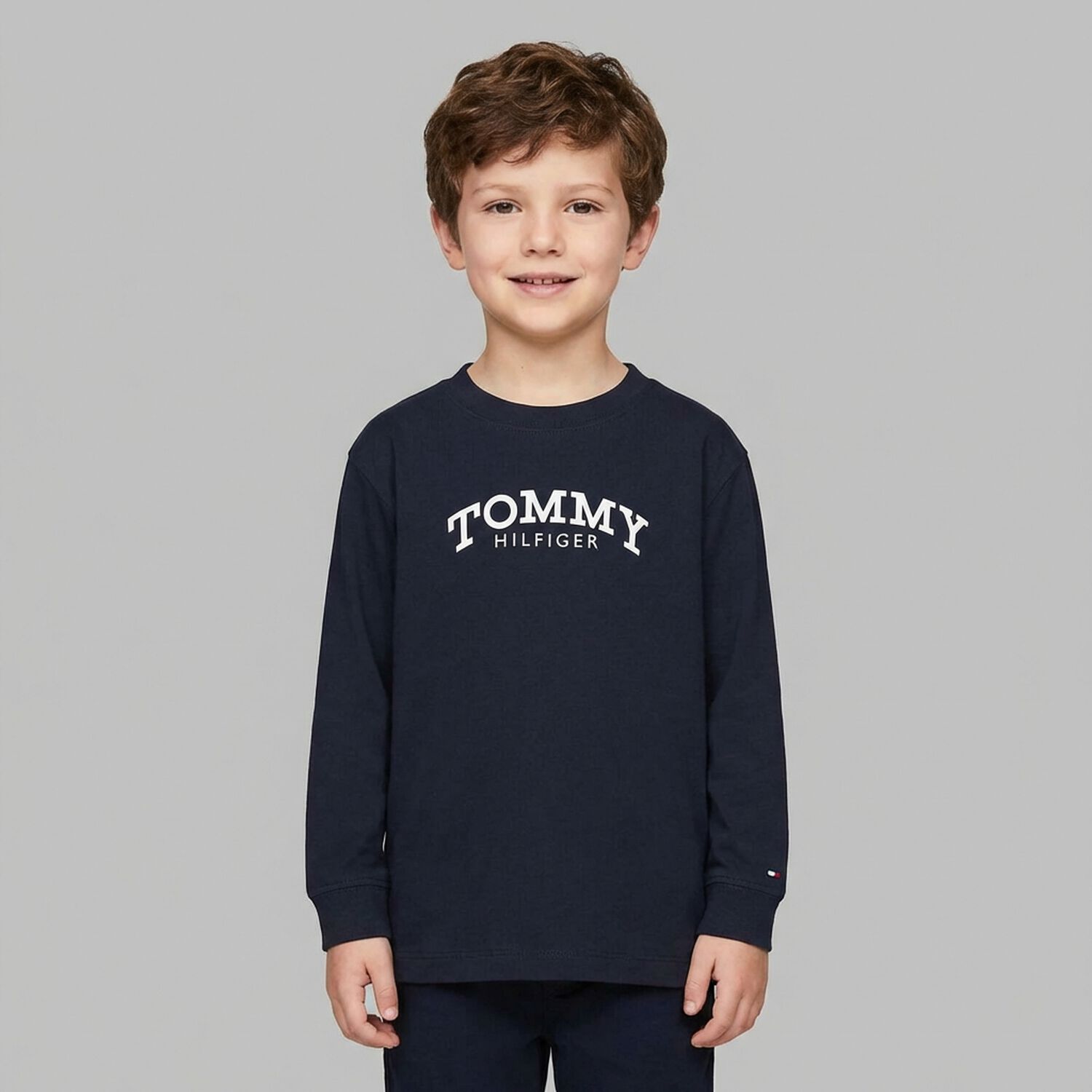 Boys Navy Blue Logo Long Sleeve Top, 1, hi-res