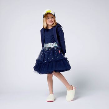 Girls Navy Blue Sequin Zip-Up Top