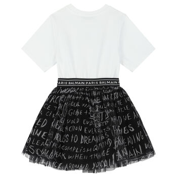 Girls White & Black Logo Dress
