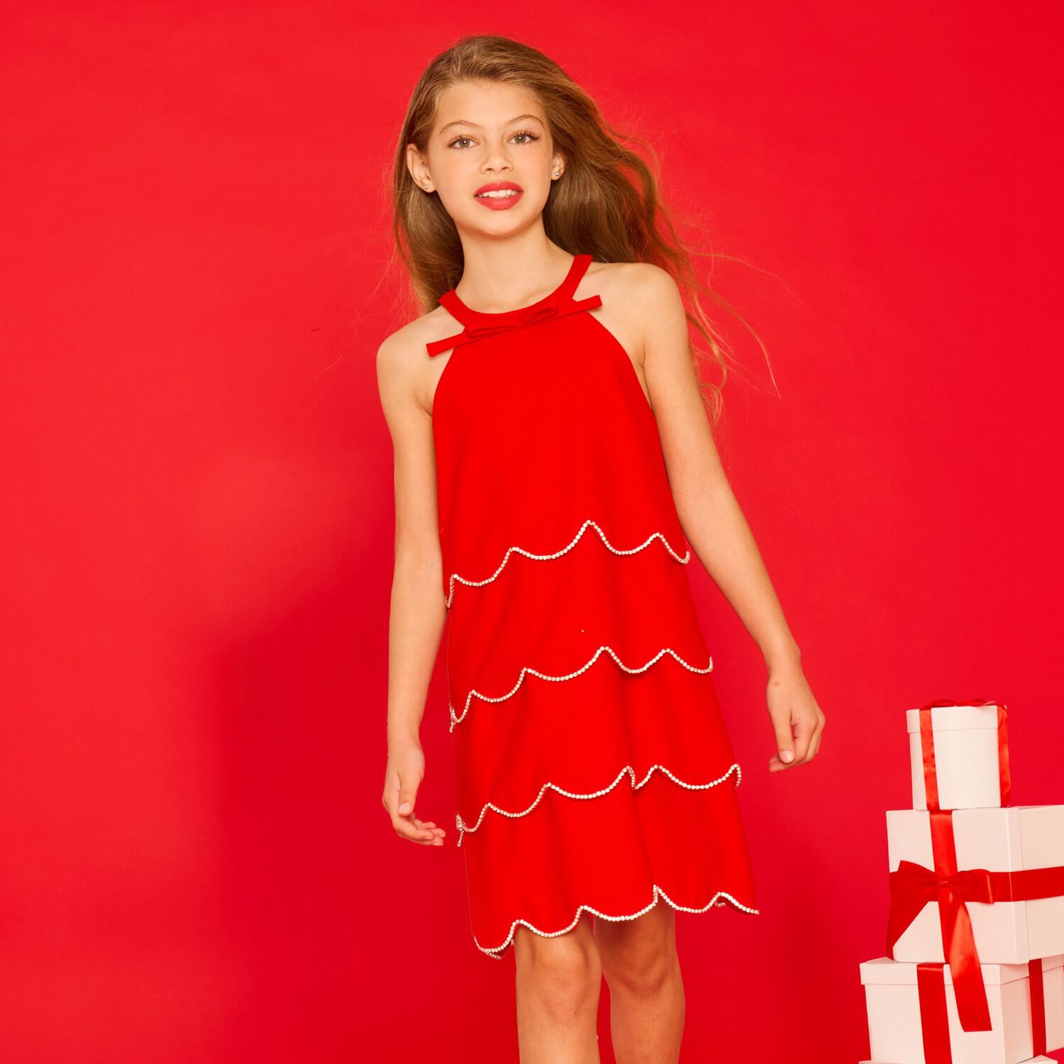 Girls Red Logo Diamante Dress , 1, hi-res