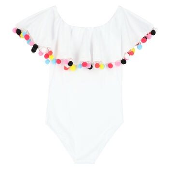 Girls White Pom-Pom Swimsuit