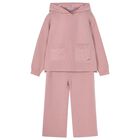 Girls Pink Knitted Hooded Tracksuit, 1, hi-res